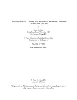 “The Duties of Neutrality”: the Impact of the American Civil War on British Columbia and Vancouver Island, 1861-1865 by Raca