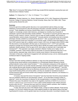 Direct-To-Consumer DNA Testing of 6,000 Dogs Reveals 98.6-Kb Duplication Causing Blue Eyes and Heterochromia in Siberian Huskies