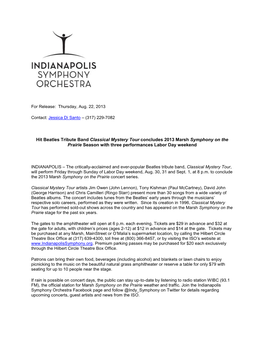 Hit Beatles Tribute Band Classical Mystery Tour Concludes 2013 Marsh Symphony on the Prairie Season with Three Performances Labor Day Weekend