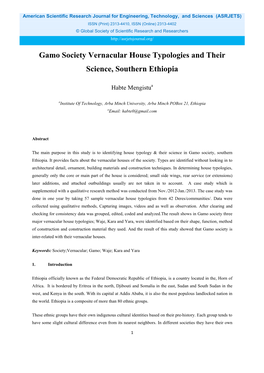 Gamo Society Vernacular House Typologies and Their Science, Southern Ethiopia