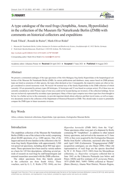 A Type Catalogue of the Reed Frogs (Amphibia, Anura, Hyperoliidae)