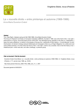 La « Nouvelle Droite » Entre Printemps Et Automne (1968-1986) Anne-Marie Duranton-Crabol