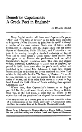 Demetrios Capetanakis: a Greek Poet in England*