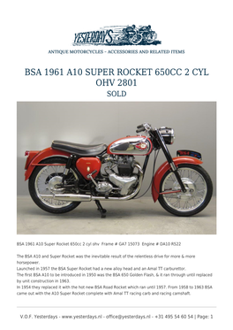 Bsa 1961 A10 Super Rocket 650Cc 2 Cyl Ohv 2801 Sold
