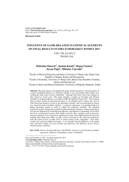 Influence of Game-Related Statistical Elements on Final Results in Fiba Eurobasket Women 2017 Udc 796.323-055.2 796.093.1(4)