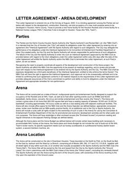 LETTER AGREEMENT - ARENA DEVELOPMENT This Letter Agreement Is Entered Into As of the 3Rd Day of August, 2000