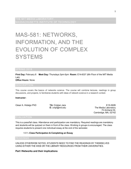 Mas-581: Networks, Information, and the Evolution of Complex Systems