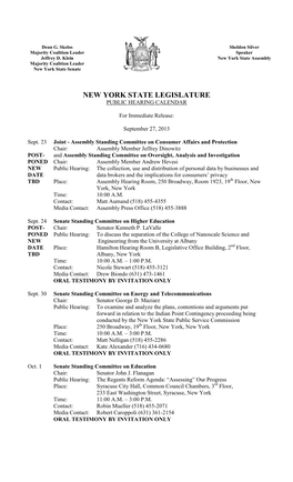 New York State Legislature Public Hearing Calendar