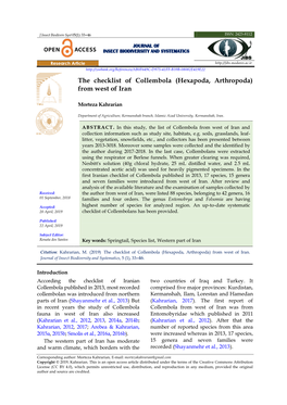 The Checklist of Collembola (Hexapoda, Arthropoda) from West of Iran