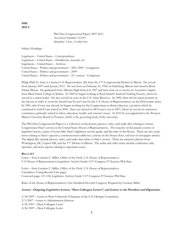 SMS 2012-3 Phil Hare Congressional Papers 2007-2011 Accession