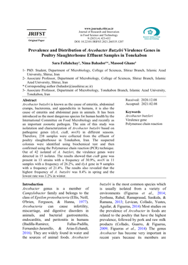 Prevalence and Distribution of Arcobacter Butzelri Virulence