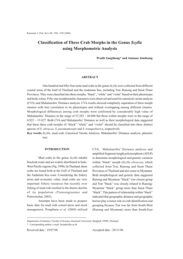 Classification of Three Crab Morphs in the Genus Scylla Using Morphometric Analysis