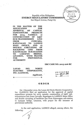 Order, ERC Case No. 2015-206 RC