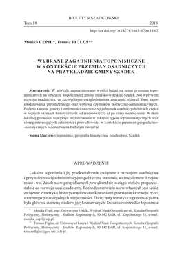 Wybrane Zagadnienia Toponimiczne W Kontekście Przemian Osadniczych Na Przykładzie Gminy Szadek