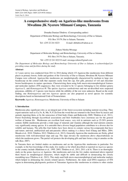 A Comprehensive Study on Agaricus-Like Mushrooms from Mwalimu JK Nyerere Mlimani Campus, Tanzania