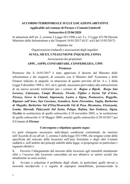 ACCORDO TERRITORIALE SULLE LOCAZIONI ABITATIVE Applicabile Nel Comune Di Firenze E Comuni Limitrofi Sottoscritto Il 25/06/2020 in Attuazione Dell’Art