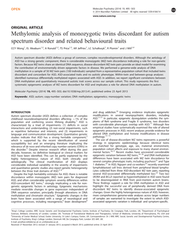 Methylomic Analysis of Monozygotic Twins Discordant for Autism Spectrum Disorder and Related Behavioural Traits