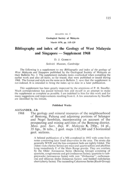 Bibliography and Index of the Geology of West Malaysia and Singapore - Supplement 1968