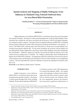 Spatial Analysis and Mapping of Highly Pathogenic Avian Inﬂ Uenza in Thailand Using National Outbreak Data: an Area-Based Risk Orientation