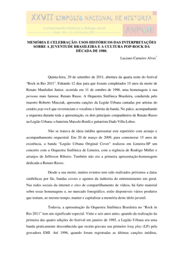 Memória E Celebração: Usos Históricos Das Interpretações Sobre a Juventude Brasileira E a Cultura Pop-Rock Da Década De 1980