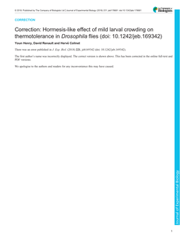 Hormesis-Like Effect of Mild Larval Crowding on Thermotolerance in Drosophila Flies (Doi: 10.1242/Jeb.169342) Youn Henry, David Renault and Hervécolinet