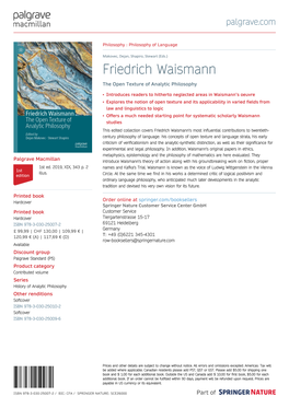Friedrich Waismann the Open Texture of Analytic Philosophy