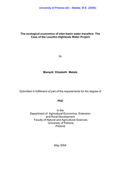 The Ecological Economics of Inter-Basin Water Transfers: the Case of the Lesotho Highlands Water Project