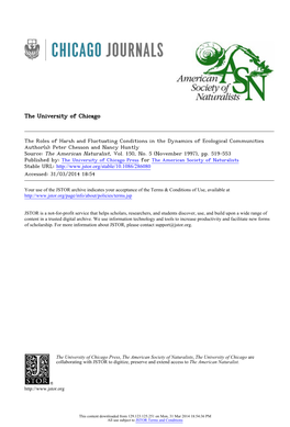 The Roles of Harsh and Fluctuating Conditions in the Dynamics of Ecological Communities Author(S): Peter Chesson and Nancy Huntly Source: the American Naturalist, Vol