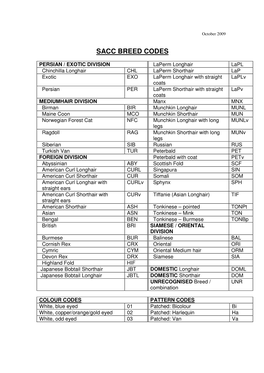 Sacc Breed Codes 2009