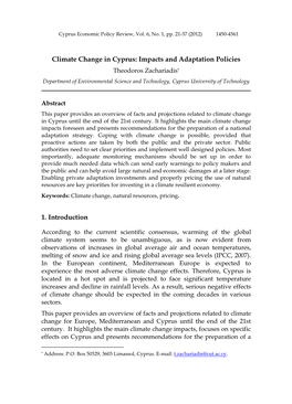 Climate Change in Cyprus: Impacts and Adaptation Policies 1