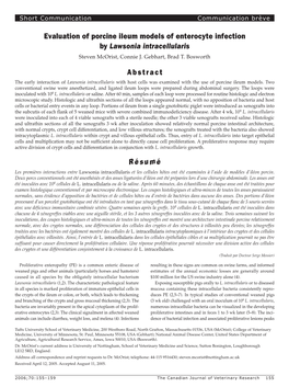 Evaluation of Porcine Ileum Models of Enterocyte Infection by Lawsonia Intracellularis Steven Mcorist, Connie J