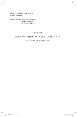 Vol. 69 Religious Ministry in Bristol 1603–1689: Uniformity to Dissent