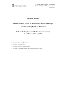 The Place of the Tyrant in Machiavelli's Political Thought And