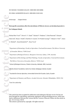 Host Specific Associations Affect the Microbiome of Philornis Downsi Introduced Parasite to the Galápagos Islands.Pdf