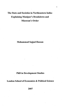 The State and Societies in Northeastern India: Explaining Manipur’S Breakdown and Mizoram’S Order