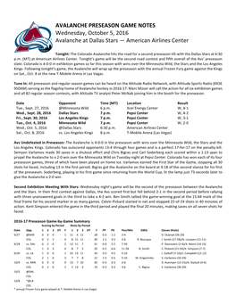 AVALANCHE PRESEASON GAME NOTES Wednesday, October 5, 2016 Avalanche at Dallas Stars — American Airlines Center