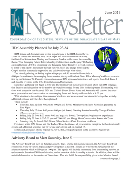 June 2021 IHM Assembly Planned for July 23-24