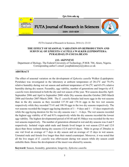 The Effect of Seasonal Variation on Reproduction and Survival of Ephestia Cautella Walker (Lepidoptera: Pyralidae) in Cocoa Beans