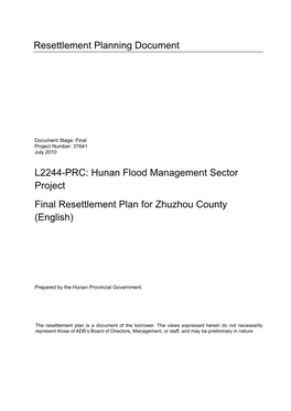 Hunan Flood Management Sector Project: Final Resettlement Plan for Zhuzhou County