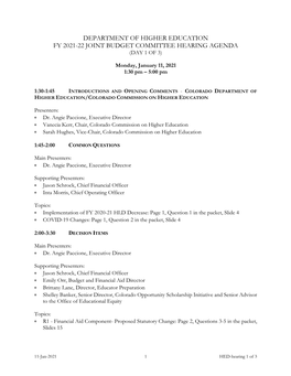 Department of Higher Education Fy 2021-22 Joint Budget Committee Hearing Agenda (Day 1 of 3)