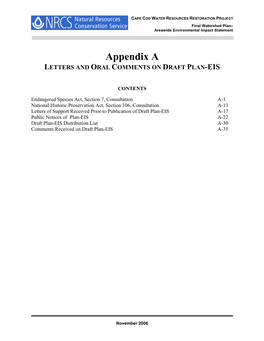 Appendix a LETTERS and ORAL COMMENTS on DRAFT PLAN-EIS