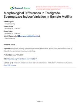 Morphological Differences in Tardigrade Spermatozoa Induce Variation in Gamete Motility