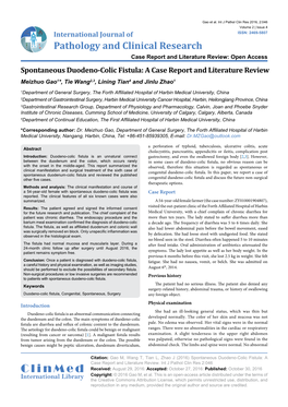 Spontaneous Duodeno-Colic Fistula: a Case Report and Literature Review Meizhuo Gao1*, Tie Wang2,3, Lining Tian4 and Jinlu Zhao1