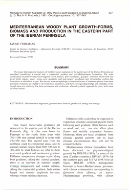 Meoiterranean Woooy Plant Growth-Forms, Biomass Ano Proouction in the Eastern Part of the Iberian Peninsula