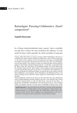 Rameshgari: Pursuing Collaborative Tasnif- Composition*