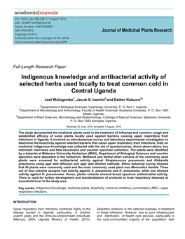 Indigenous Knowledge and Antibacterial Activity of Selected Herbs Used Locally to Treat Common Cold in Central Uganda