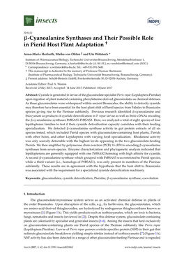 Cyanoalanine Synthases and Their Possible Role in Pierid Host Plant Adaptation †