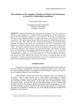 Determination of the Sampling Technique to Estimate the Performance at Grade Five-Scholarship Examination