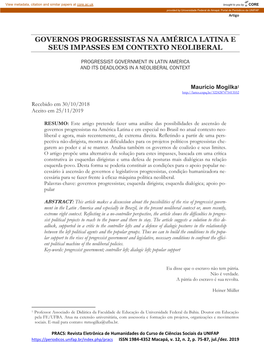 Governos Progressistas Na América Latina E Seus Impasses Em Contexto Neoliberal