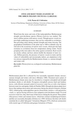 Stem and Root Wood Anatomy of the Shrub Phlomis Fruticosa (Labiatae)